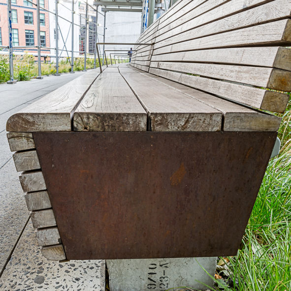 Teak, Stainless Steel, and Corten Curved Bench