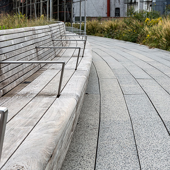 Teak, Stainless Steel, and Corten Curved Bench