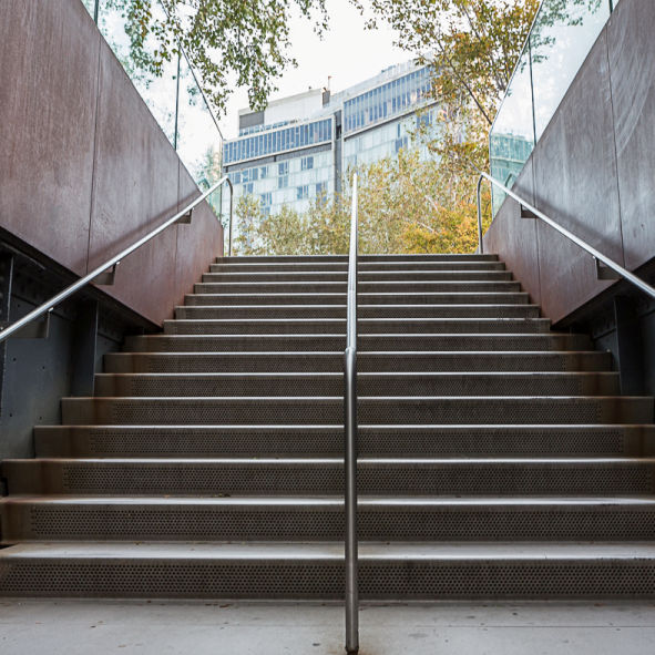 Stainless Steel Staircase and Railings, Corten Walls